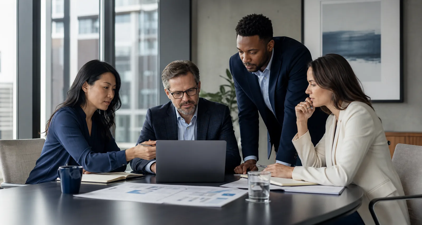 Technology consultants reviewing a project plan together in a conference room