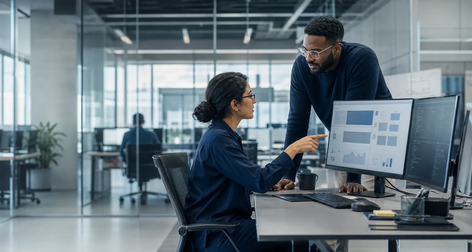 Software professionals collaborating at a workstation in a modern office