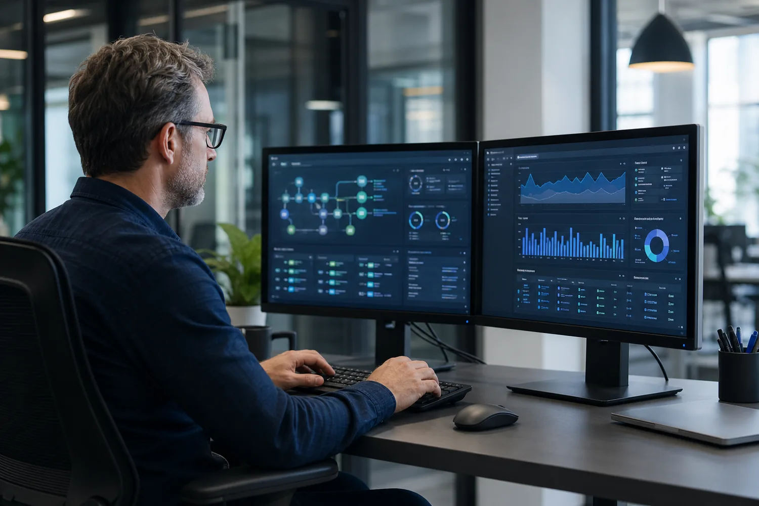 Cloud engineer monitoring infrastructure and deployment systems